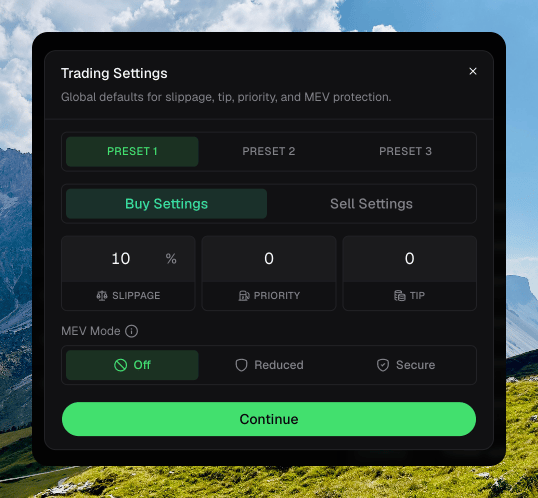 Trading Settings dialog on Preset 1 Buy Settings, with 10% slippage, priority and tip at 0, and MEV Mode Off