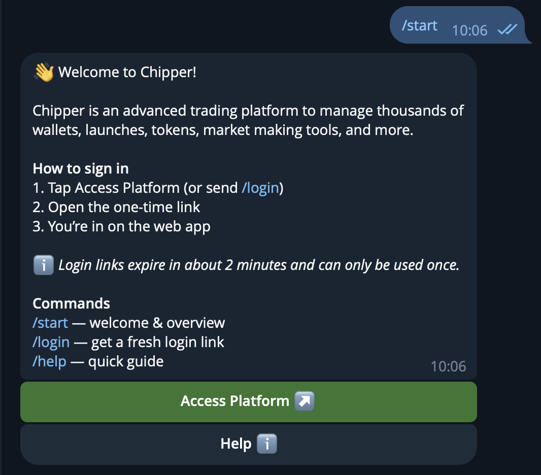 Chipper Telegram bot welcome message with Access Platform and Help buttons