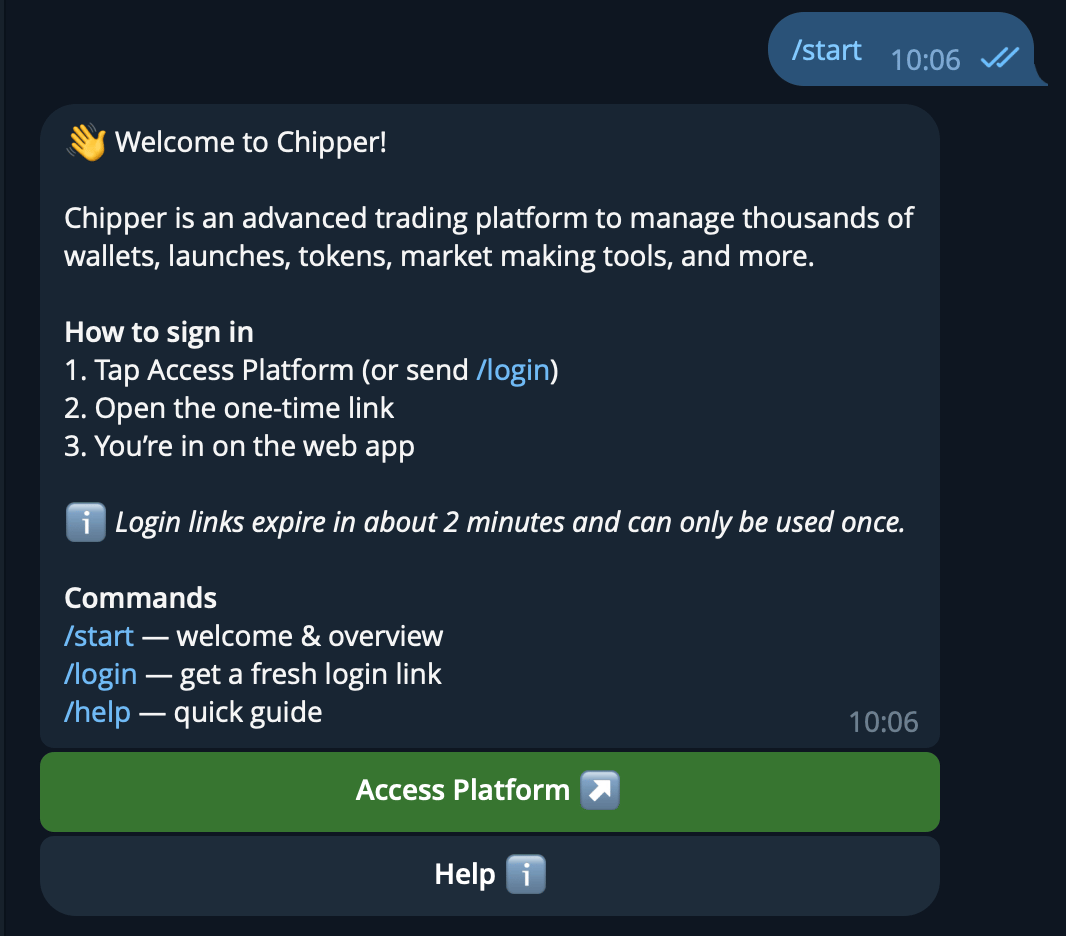 Chipper Telegram bot welcome message with Access Platform and Help buttons