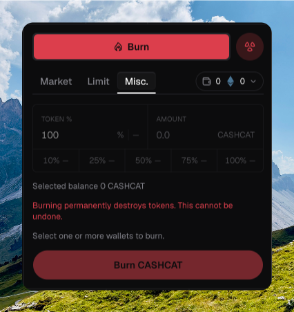 Trade sidebar on Misc. with Burn selected, Token % at 100, amount presets, destroy warning, and Burn CASHCAT