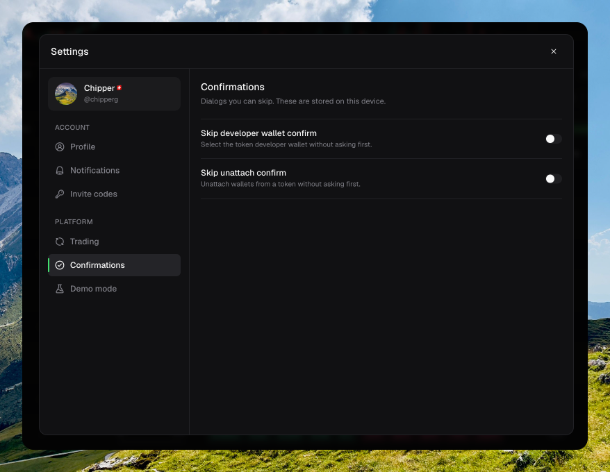 Settings Confirmations page with Skip developer wallet confirm and Skip unattach confirm both off