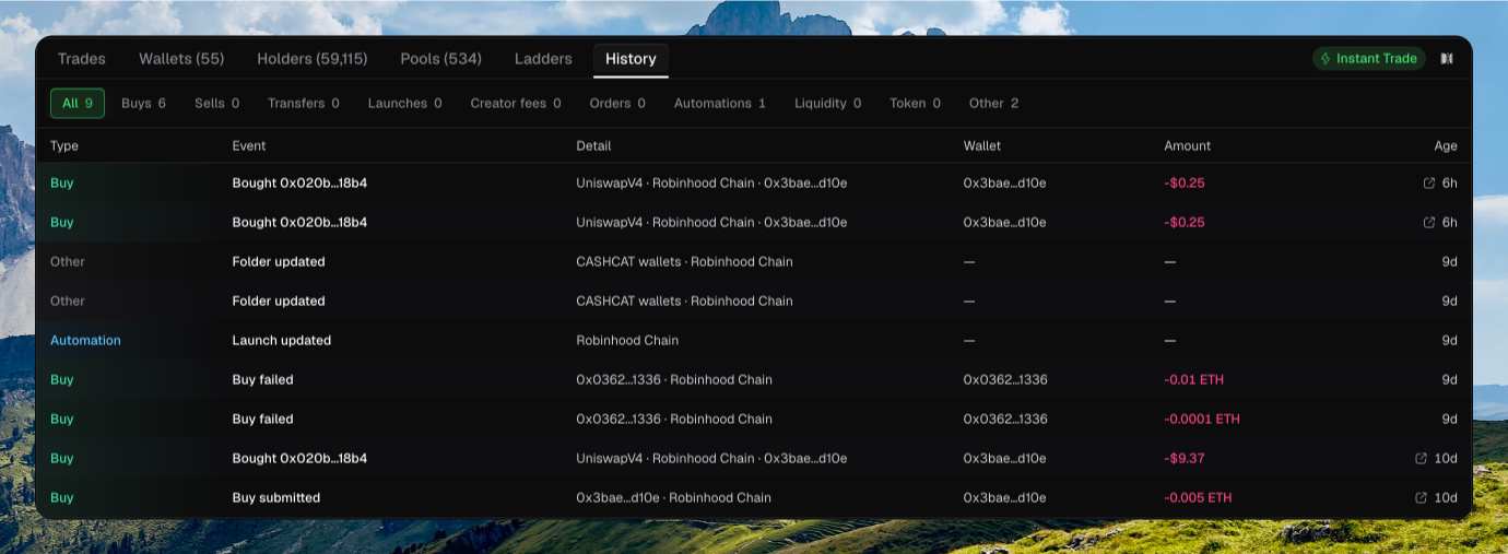 History tab with All selected, filter chips for Buys, Sells, Transfers, and more, and rows for Type, Event, Wallet, Amount, and Age
