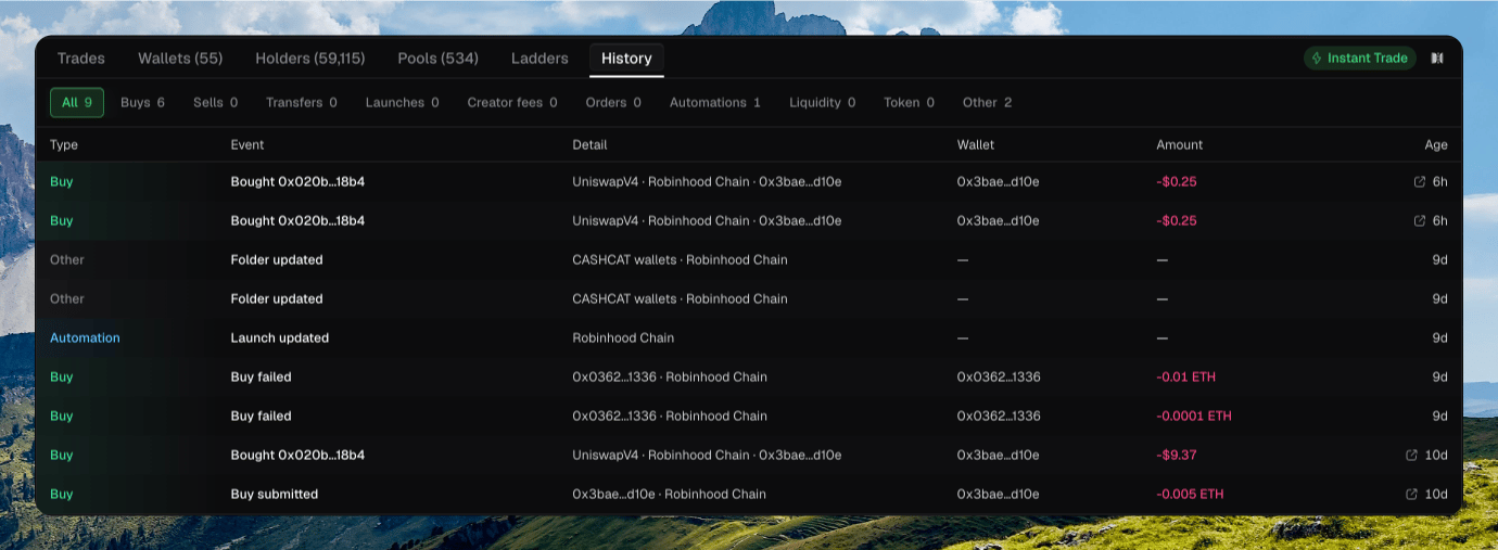 History tab with All selected, filter chips for Buys, Sells, Transfers, and more, and rows for Type, Event, Wallet, Amount, and Age