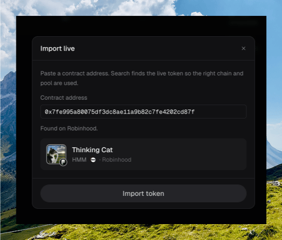 Import live dialog with a contract pasted, Found on Robinhood, and Thinking Cat (HMM) ready to import