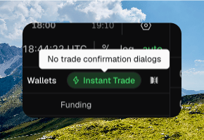 Wallets toolbar with Instant Trade on and a tooltip reading No trade confirmation dialogs