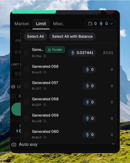 Wallet picker open on the trade sidebar with Select All, Select All with Balance, a Funder wallet, and generated wallets