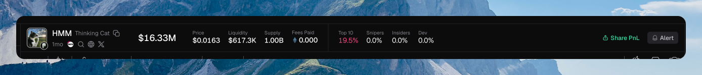 HMM Thinking Cat header with $16.33M market cap, price, liquidity, supply, fees paid, Top 10 / Snipers / Insiders / Dev percents, and Share PnL