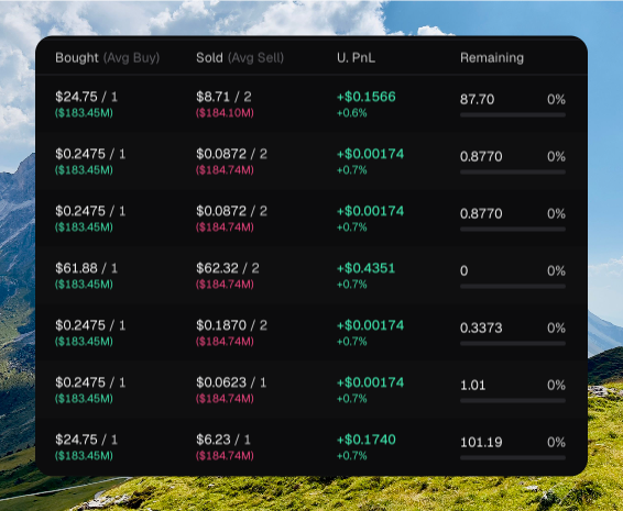 Token wallet rows showing Bought, Sold, U. PnL, and Remaining