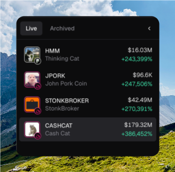 Expanded token switcher on Live, listing HMM, JPORK, STONKBROKER, and CASHCAT with market cap and 24h change