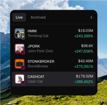 Expanded token switcher on Live, listing HMM, JPORK, STONKBROKER, and CASHCAT with market cap and 24h change