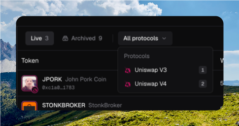 Tokens toolbar with Live selected, Archived, All protocols open showing Uniswap V4 and Uniswap V3, Search, and Create token