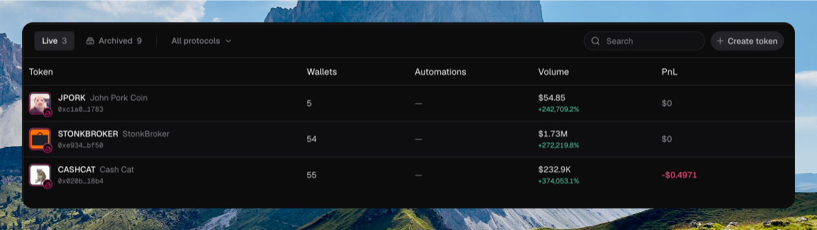 Live token table with JPORK, STONKBROKER, and CASHCAT, showing wallets, automations, volume, and PnL