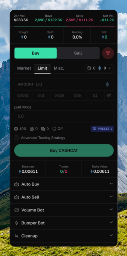 Trade sidebar on CASHCAT with Buy selected, amount chips, Preset 1, Buy CASHCAT, and Auto Buy through Cleanup below