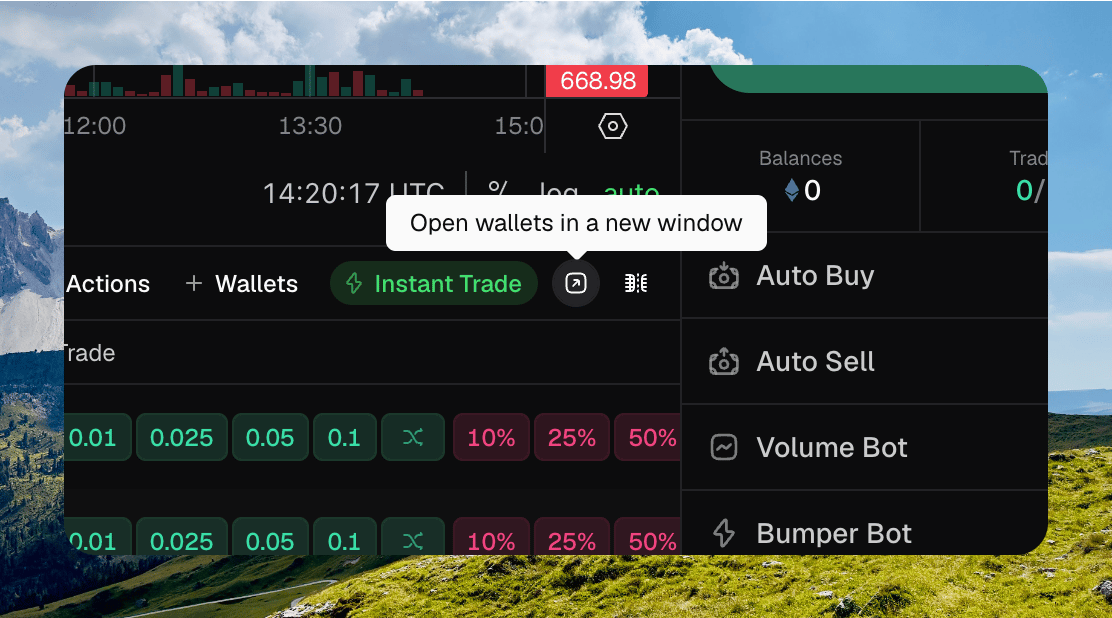 Wallets panel toolbar with the Open wallets in a new window tooltip over the pop-out button after Instant Trade