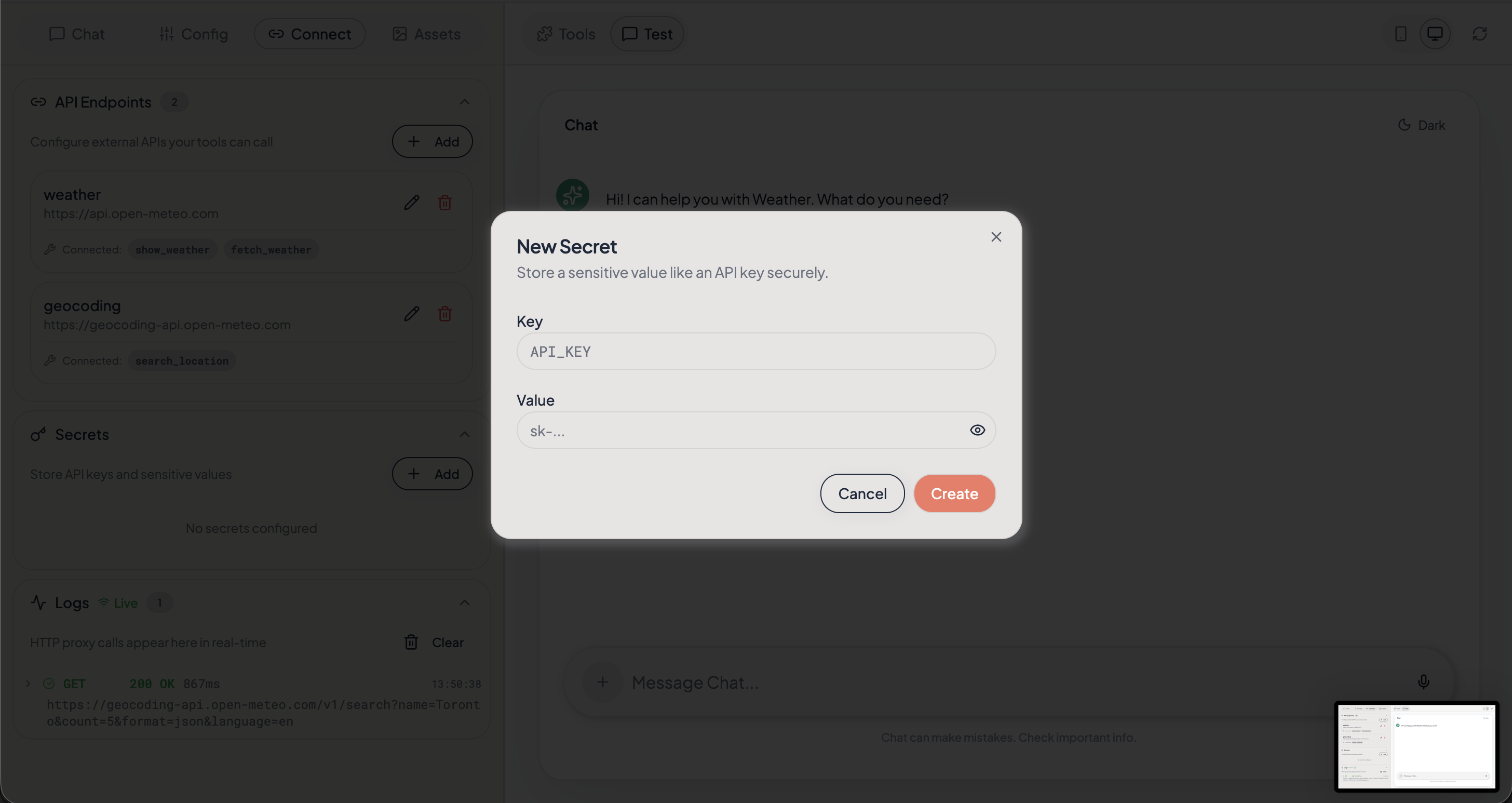 Add secret dialog with name and value fields