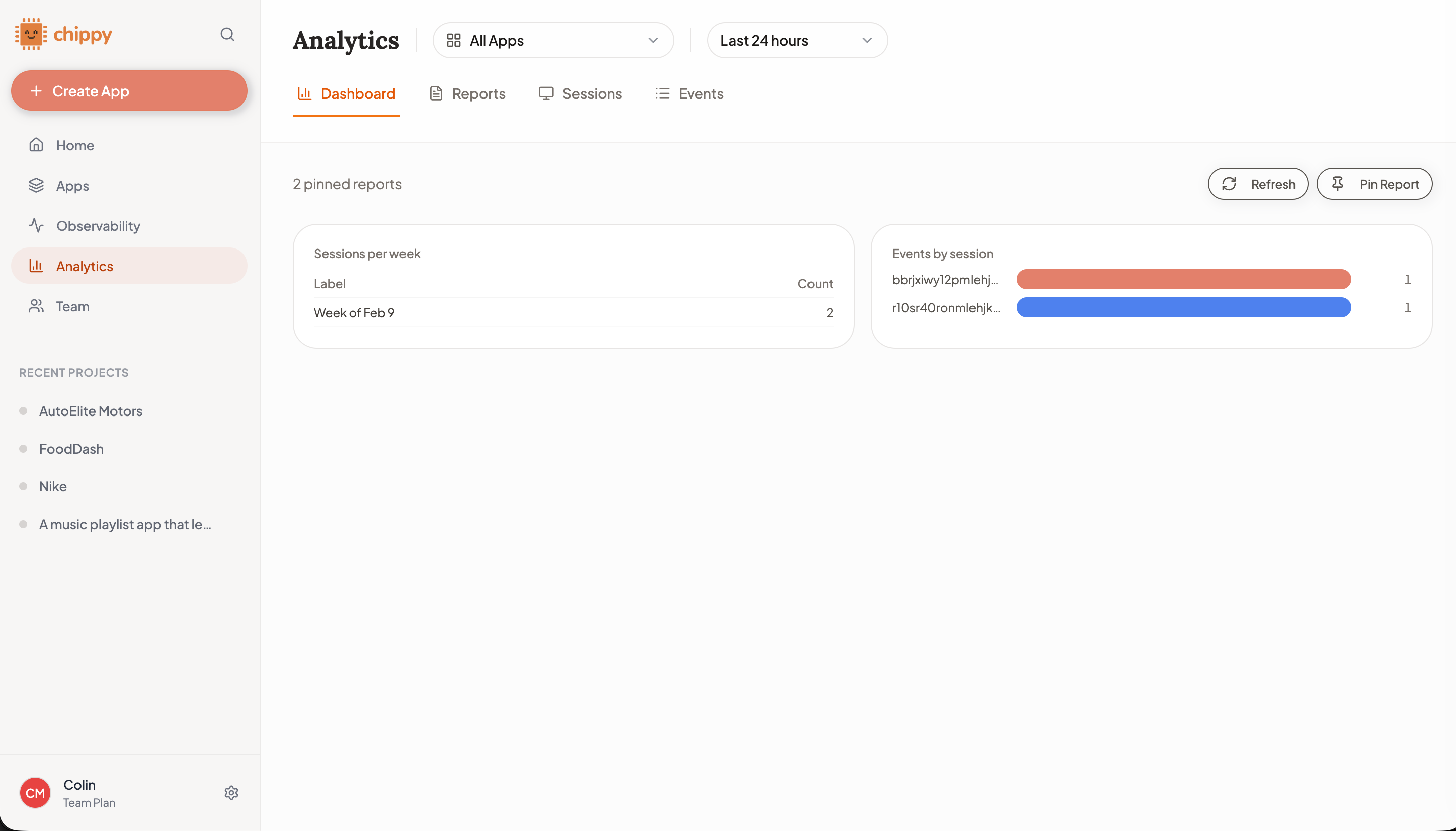Analytics dashboard with usage metrics