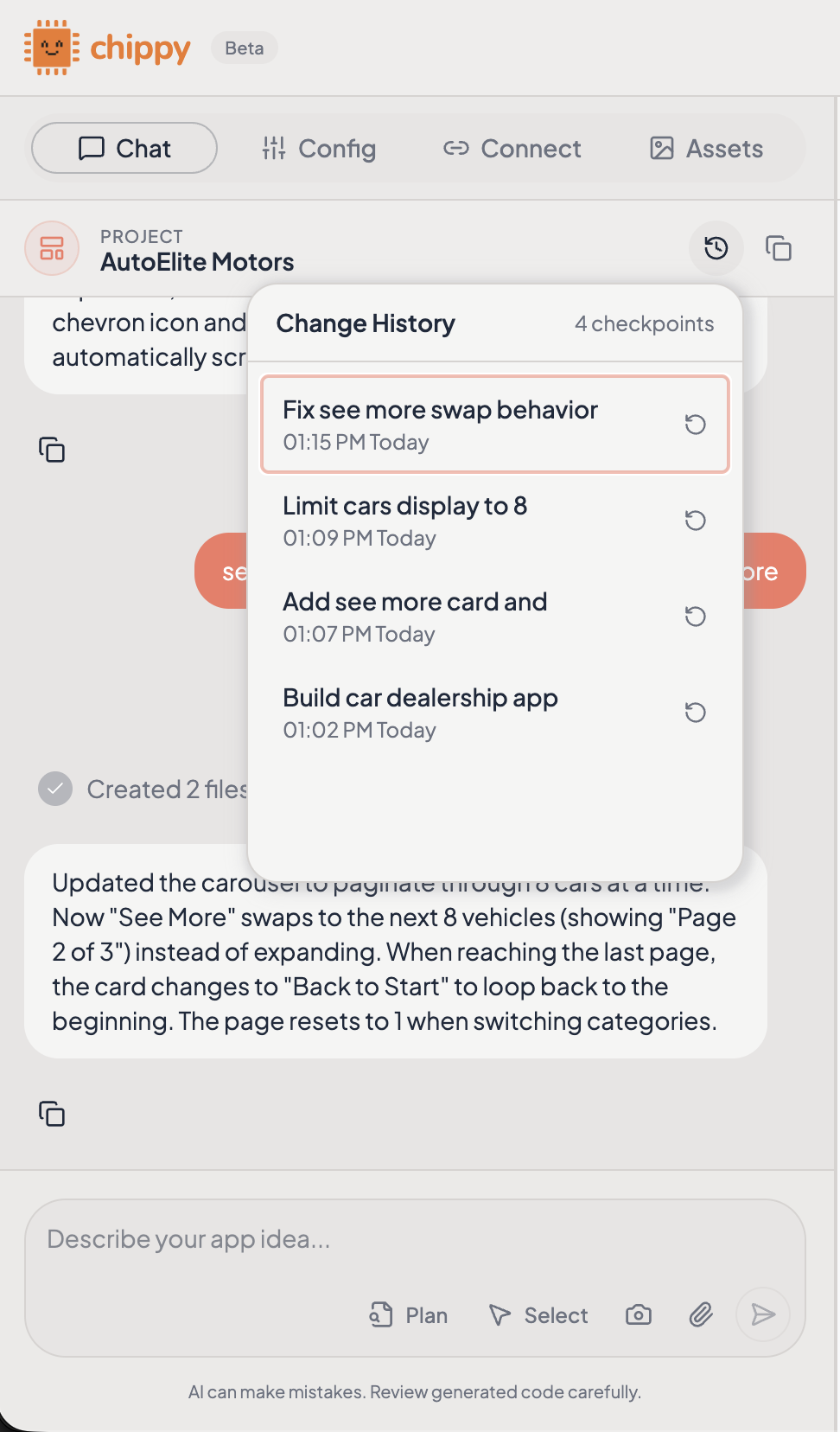 Change history popover showing previous versions with screenshots