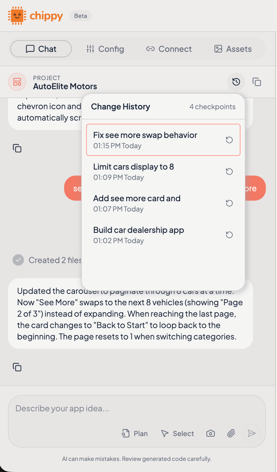 Change history popover showing previous versions with screenshots