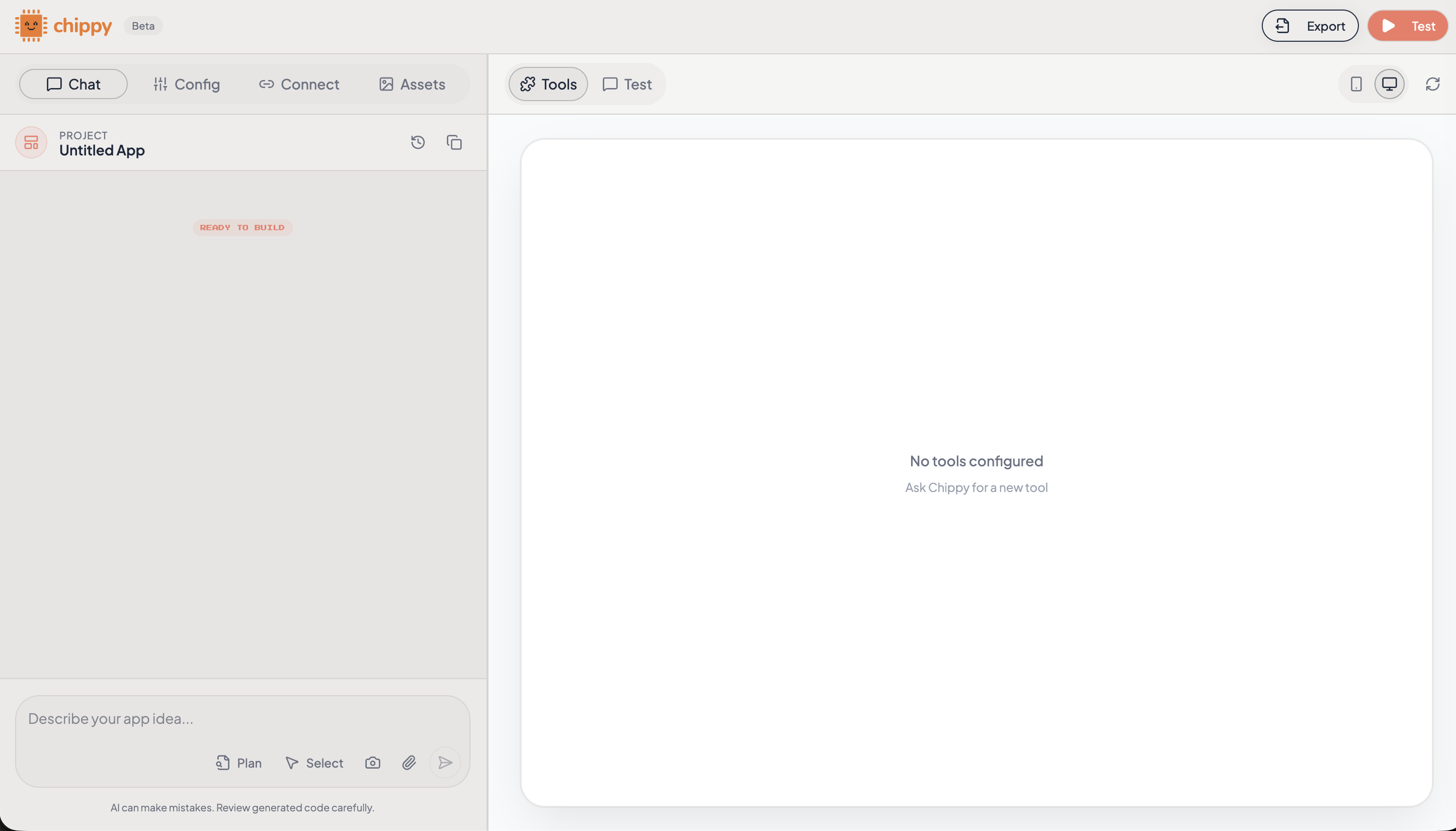 Builder chat with prompt input and generation timeline