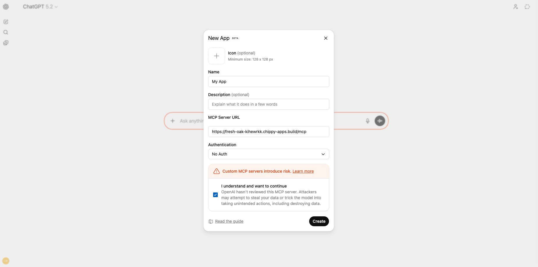 ChatGPT add MCP server dialog
