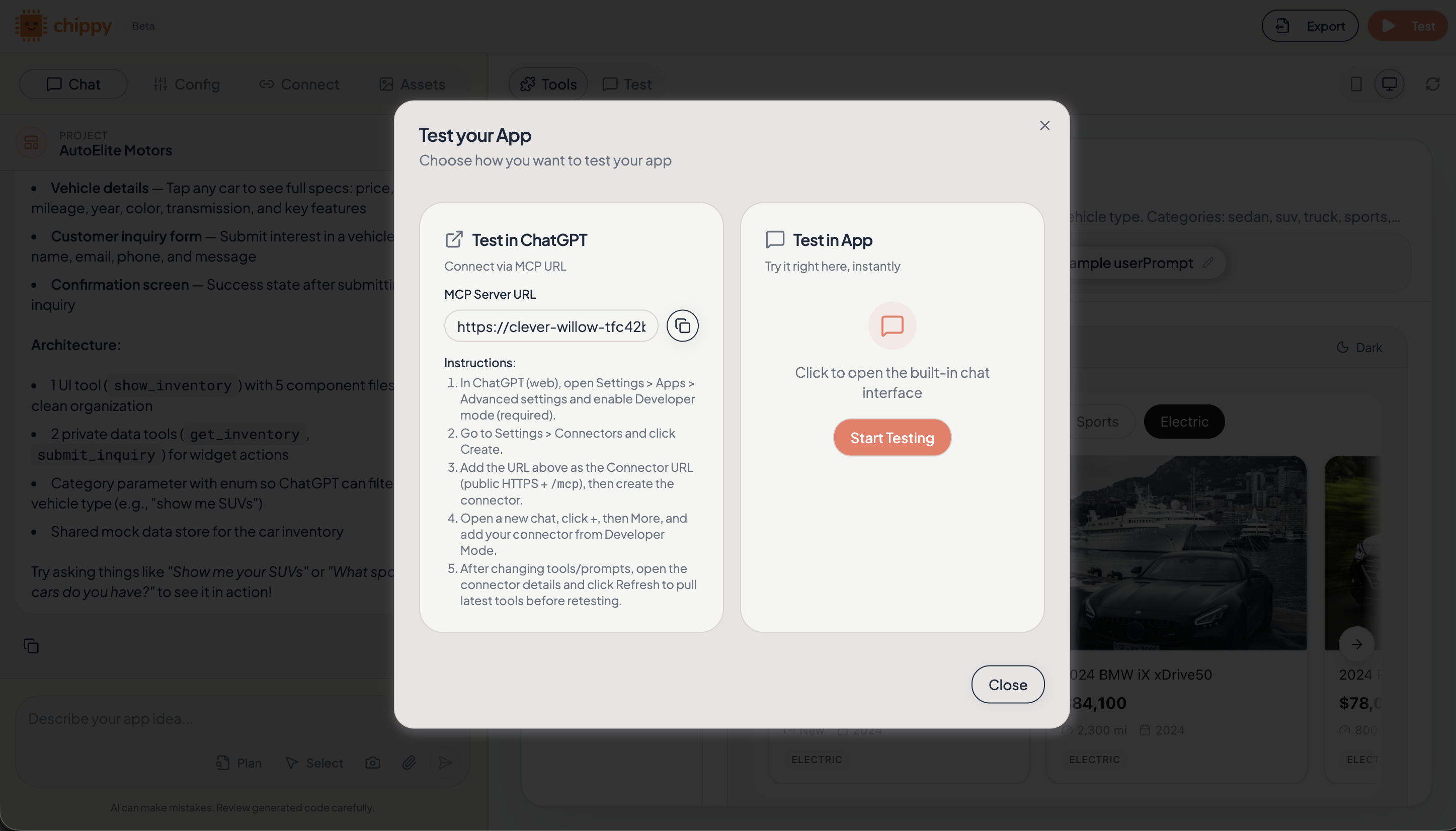 ChatGPT settings showing MCP connection