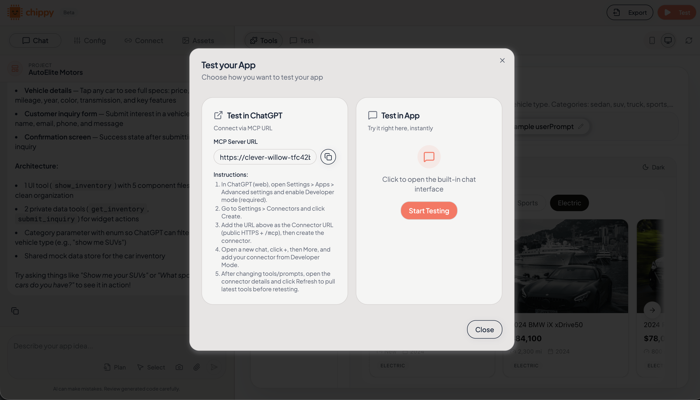 ChatGPT settings showing MCP connection