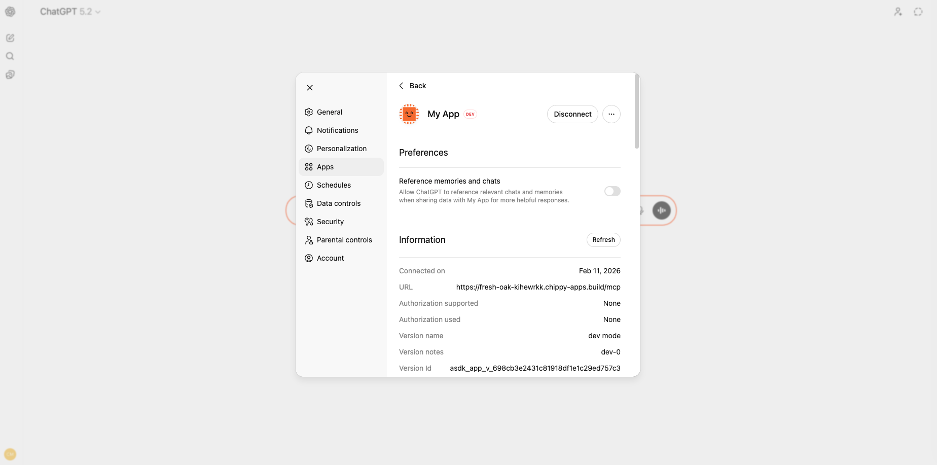 MCP URL pasted into ChatGPT connection dialog