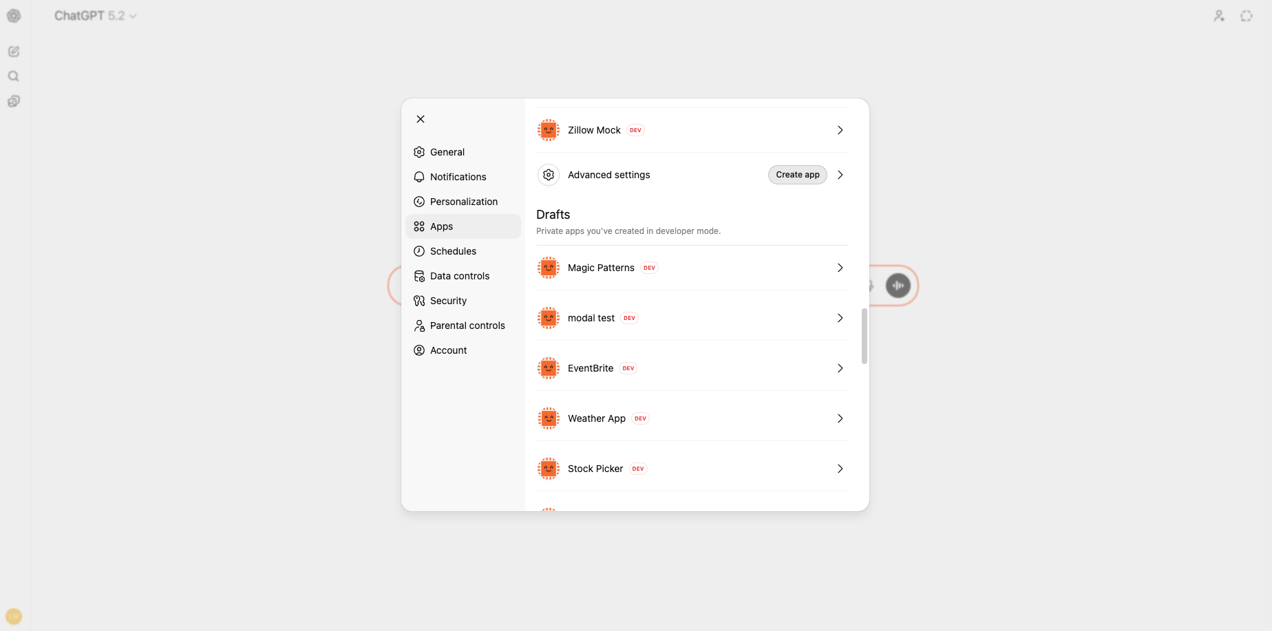 ChatGPT settings menu showing Connected Apps