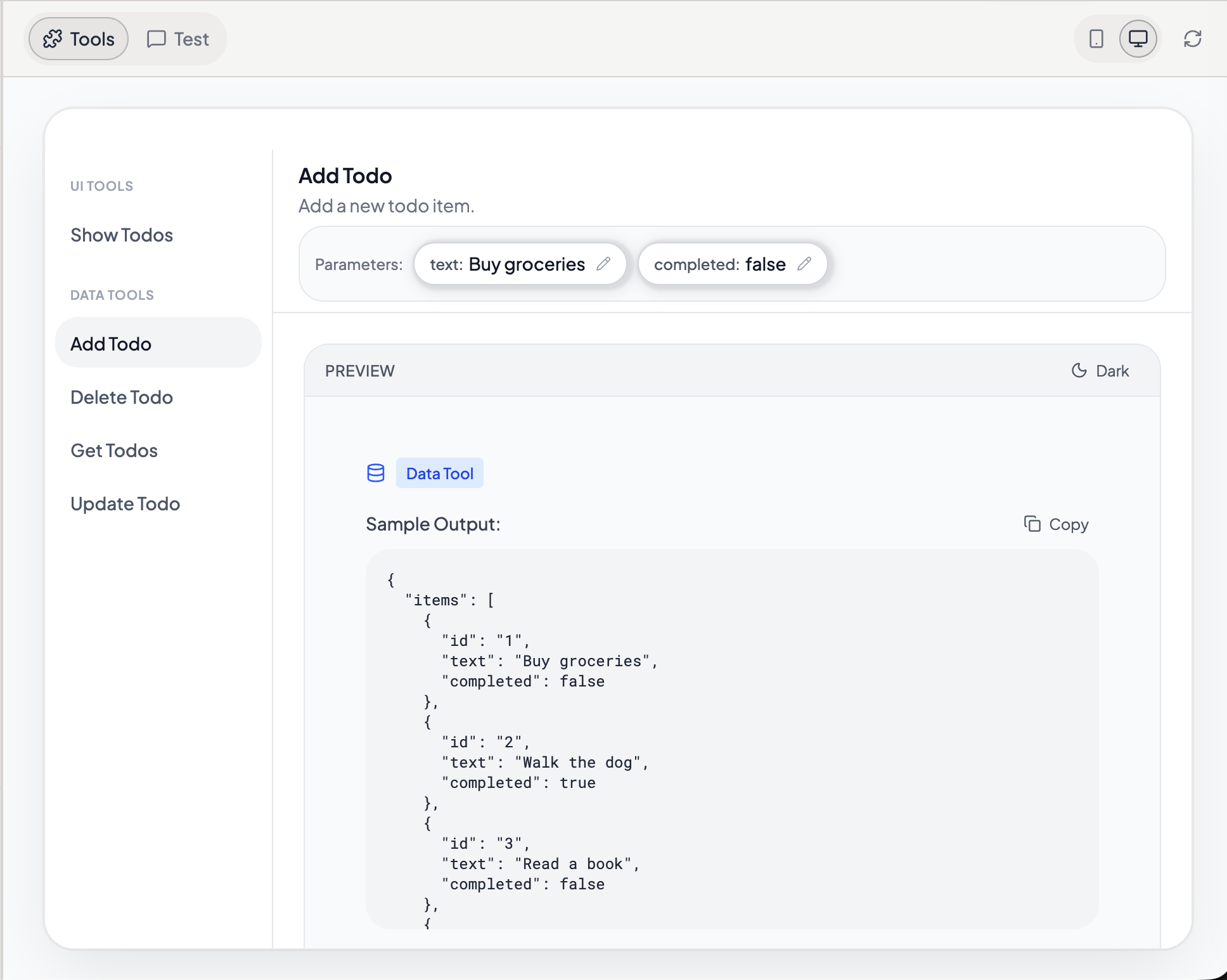 Order dashboard UI tool calling search and cancel data tools