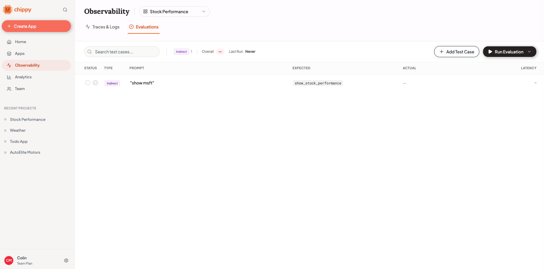 Evaluations dashboard with test cases and pass rates