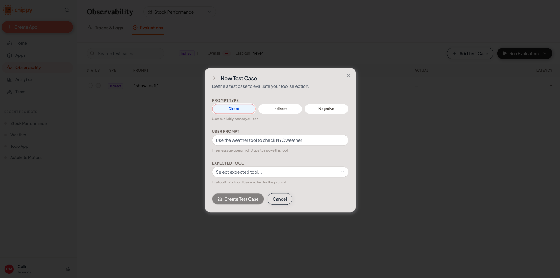 Eval case creation form with test input field