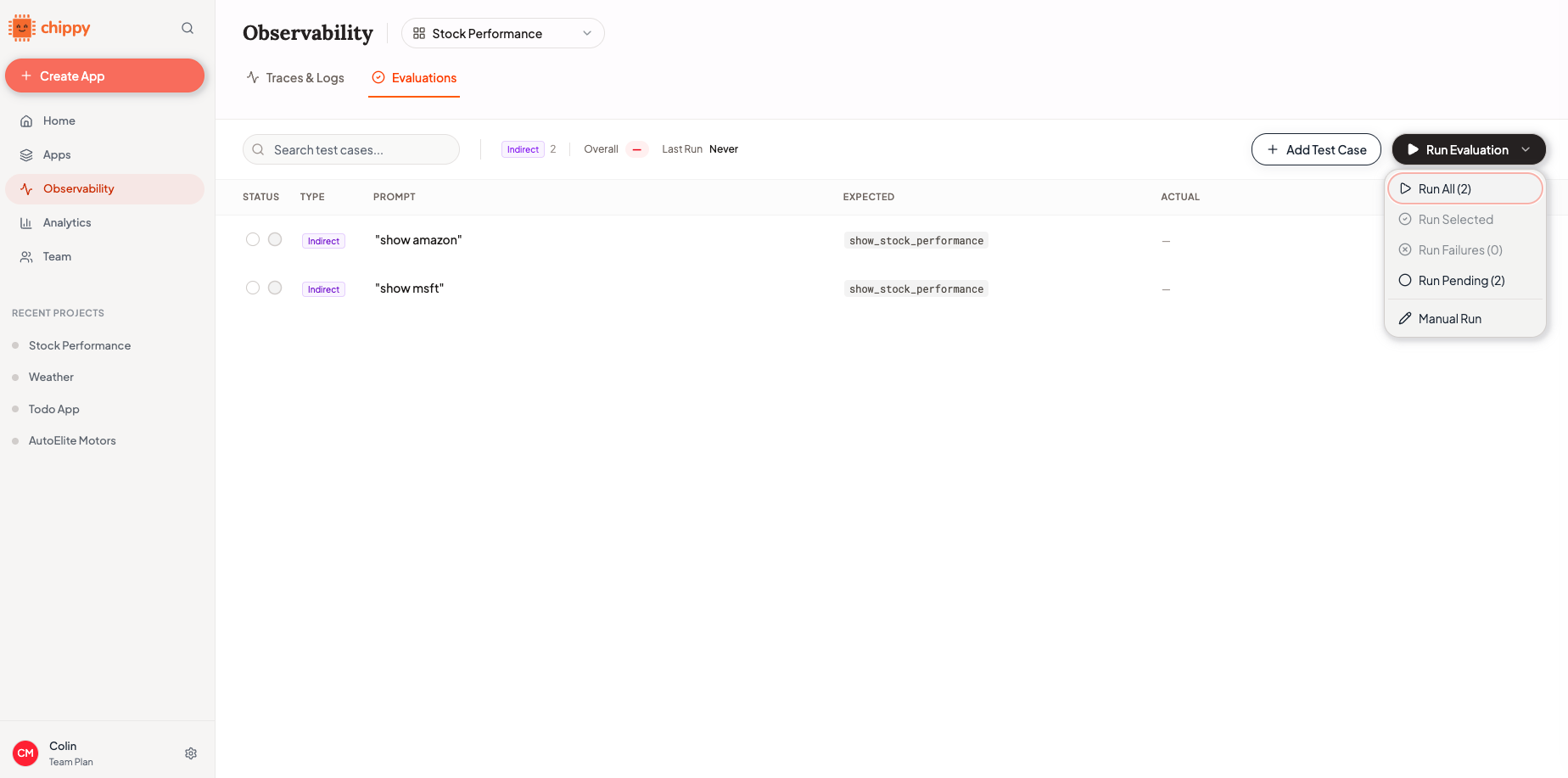 Eval dashboard with cases selected via checkboxes