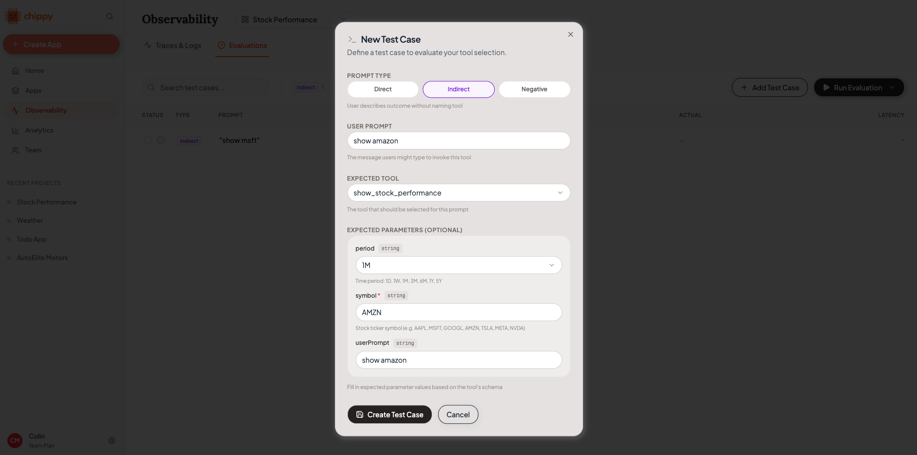 Tool selector dropdown in eval case form