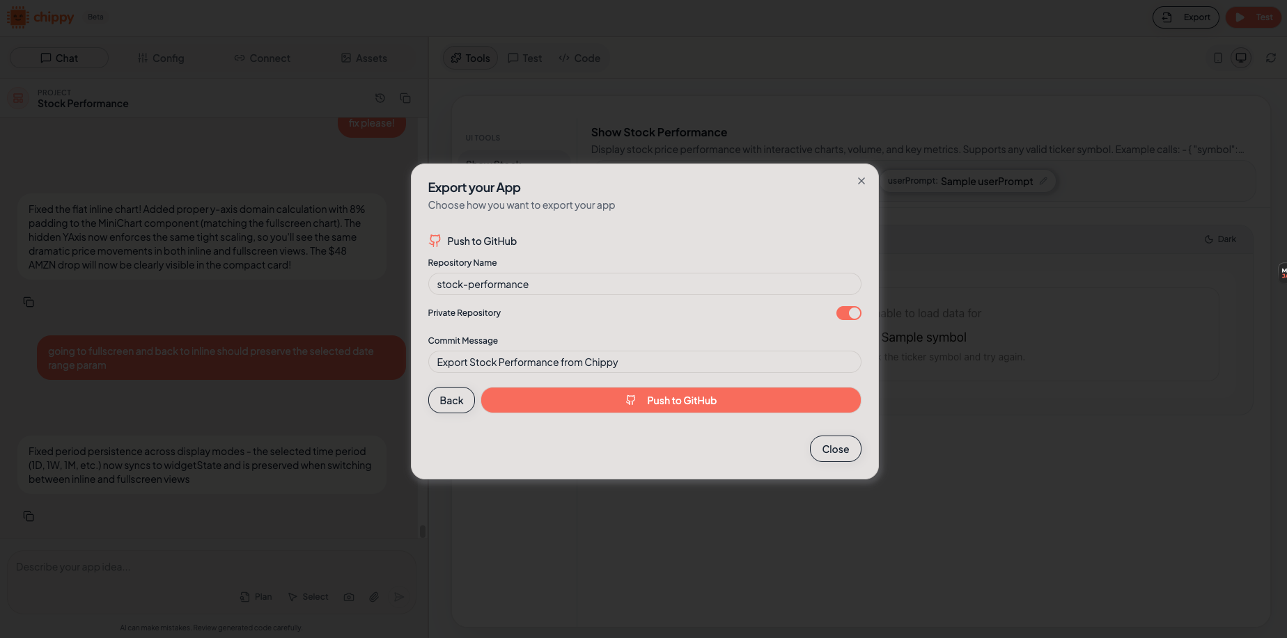 Export button in the builder toolbar