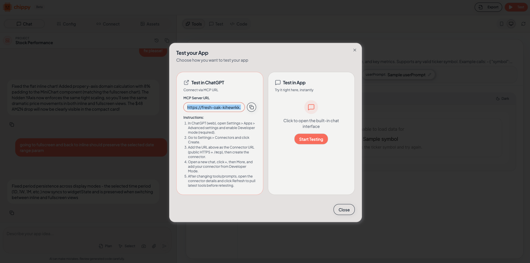 App settings showing the MCP endpoint URL
