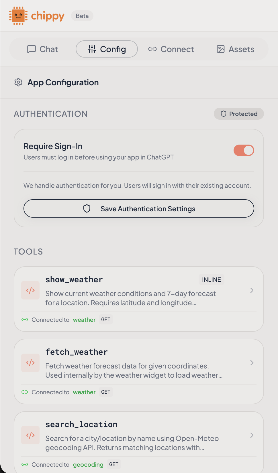 OAuth protection toggle in the Connect tab