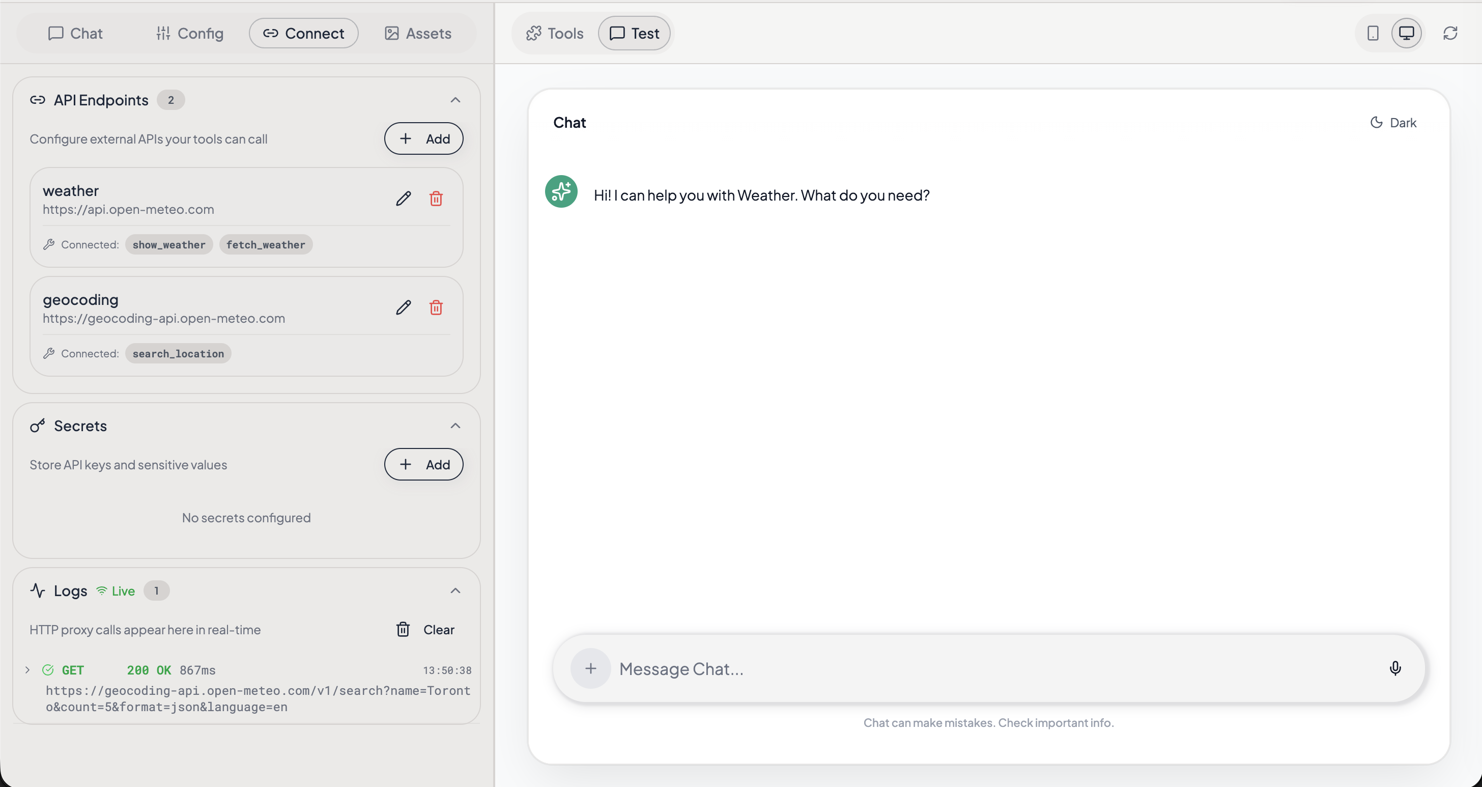 Secrets settings panel in the builder
