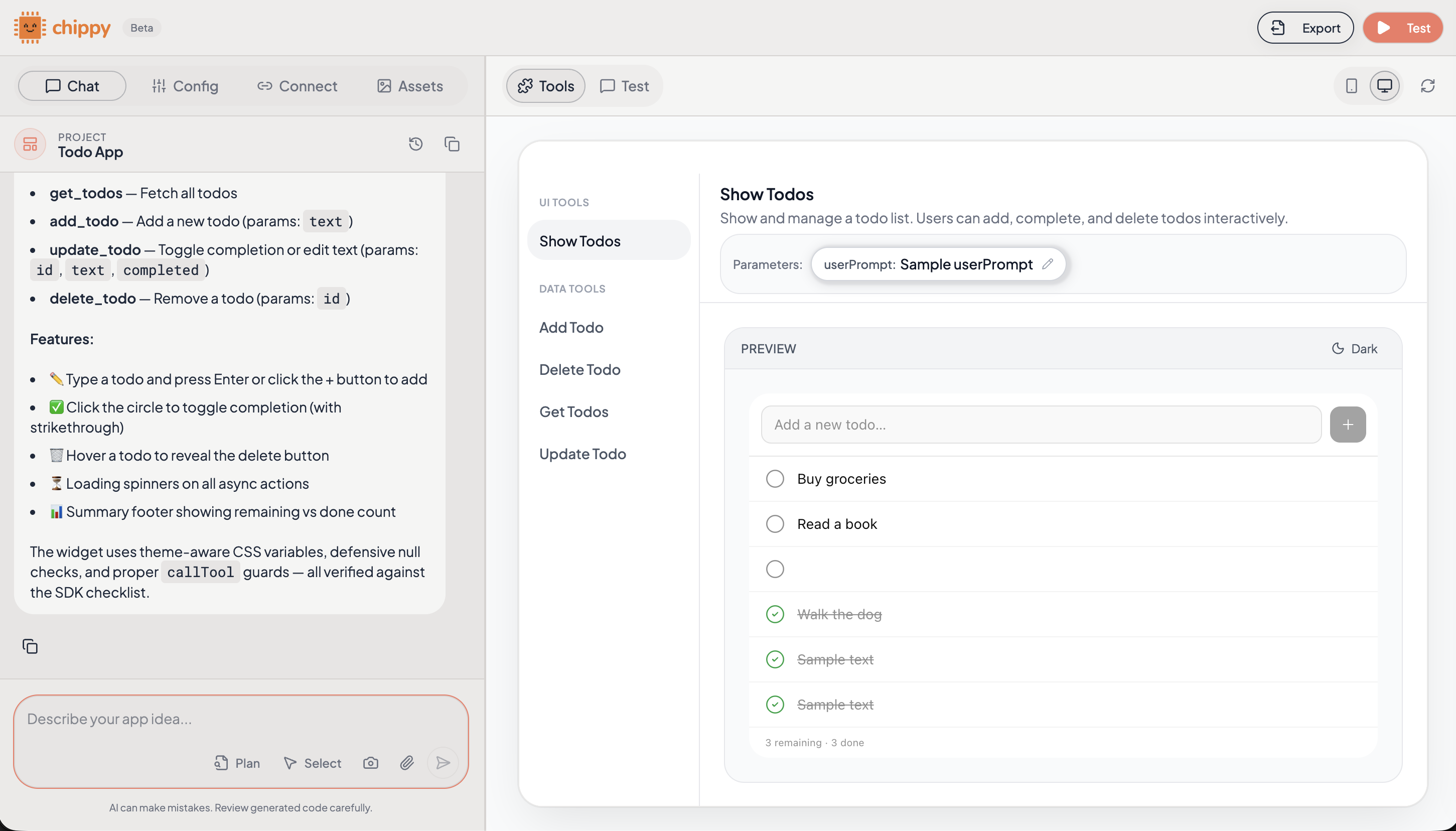 Builder chat with a prompt to create a new tool