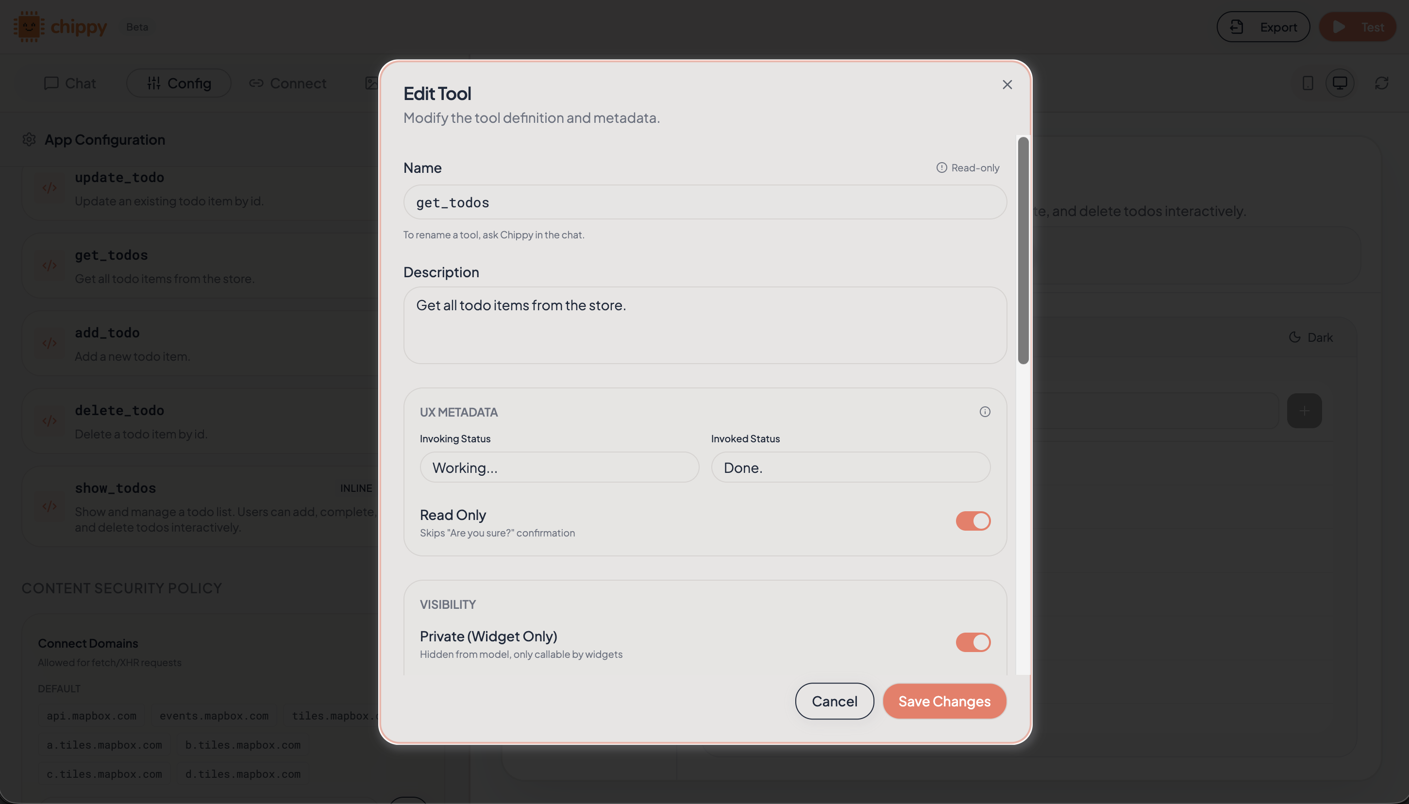 Tool editor showing the generated tool configuration