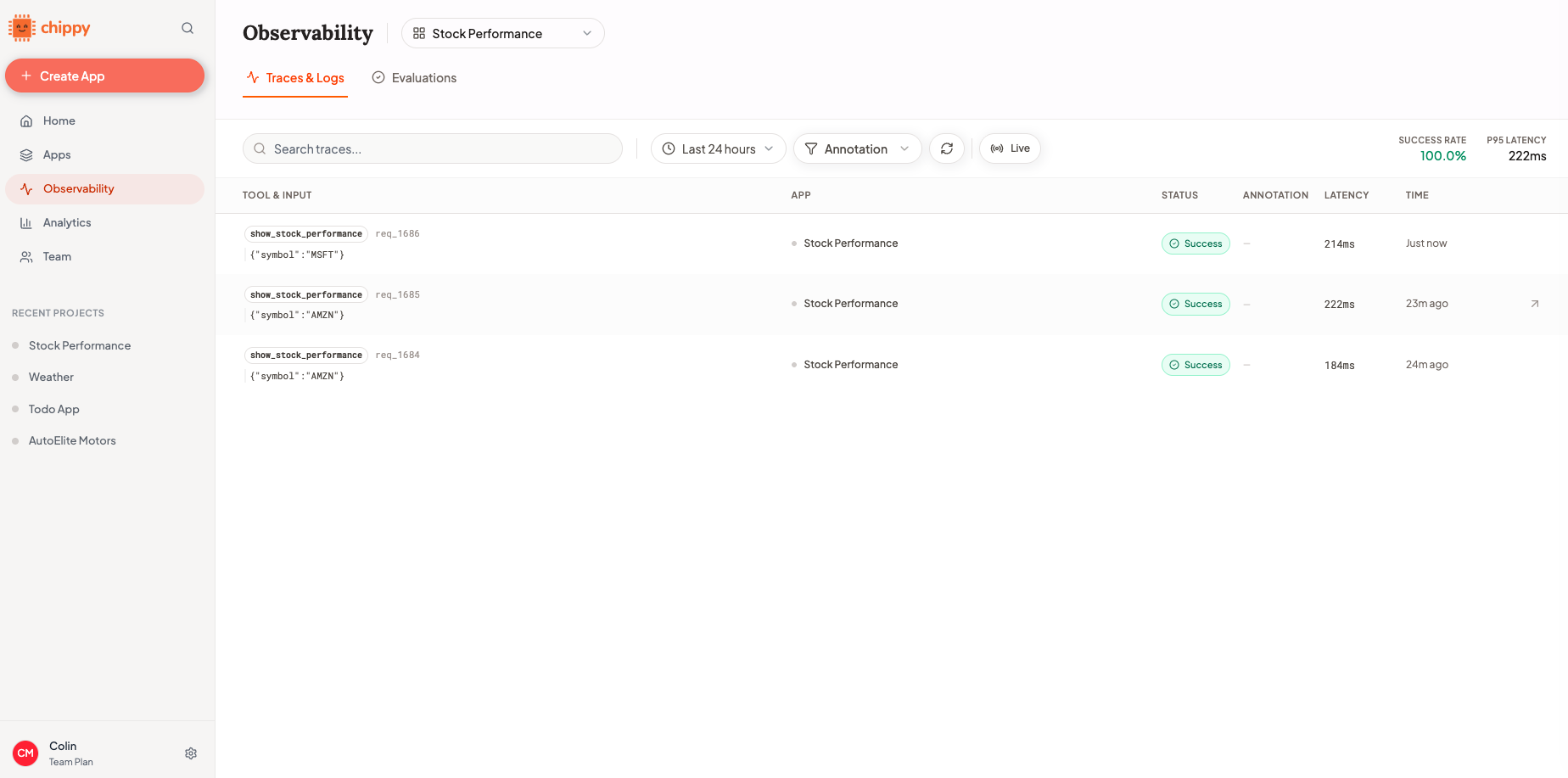 Traces dashboard with a list of recent invocations
