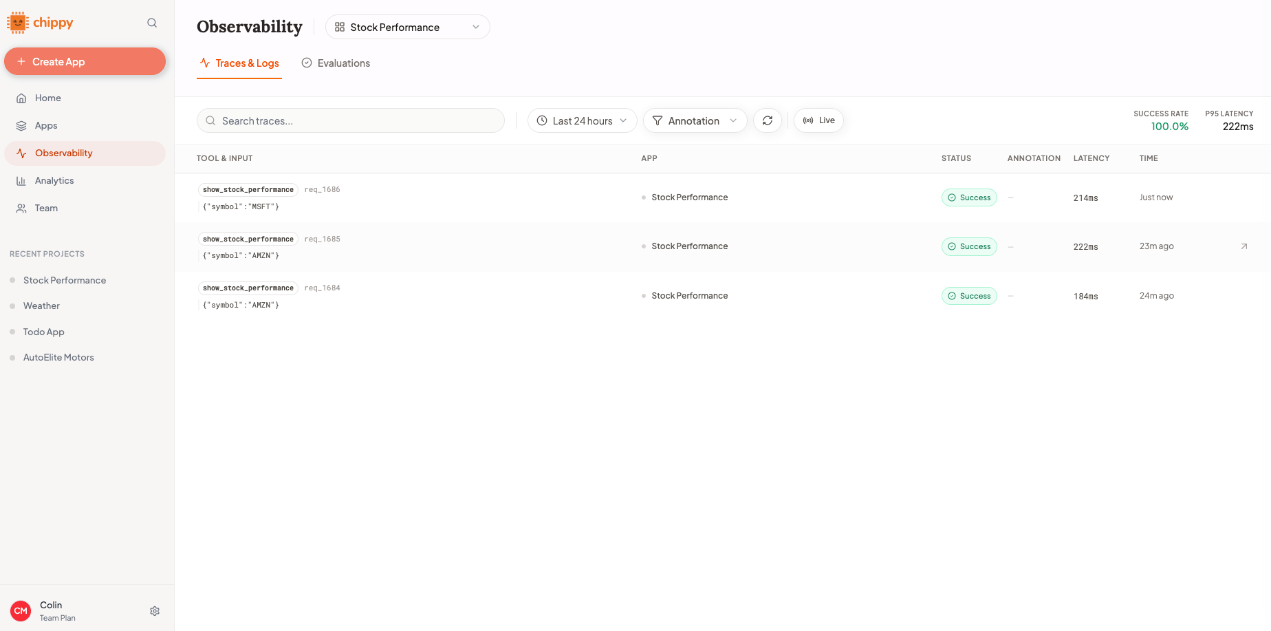 Traces dashboard with a list of recent invocations