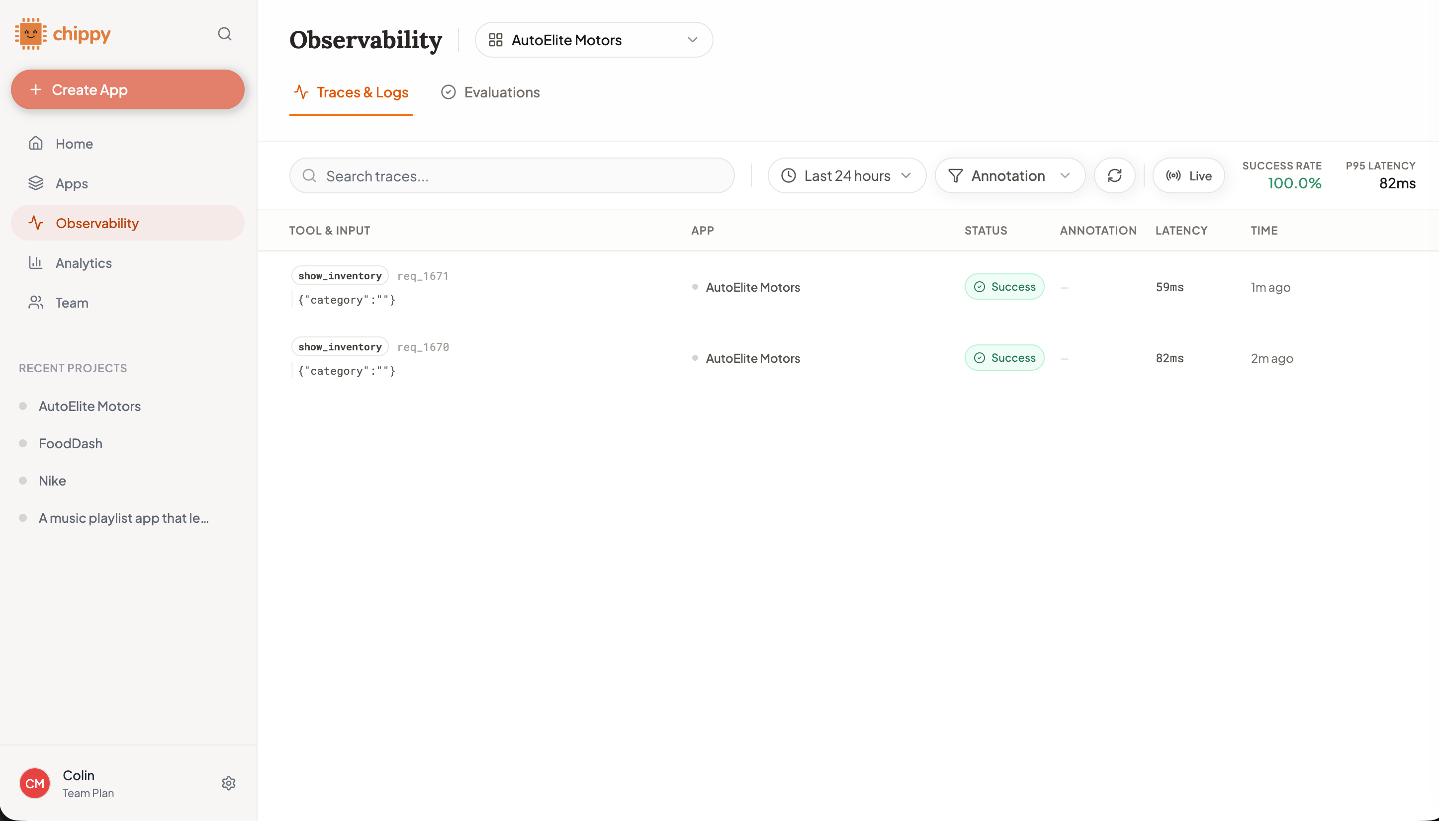 Traces dashboard showing tool invocations