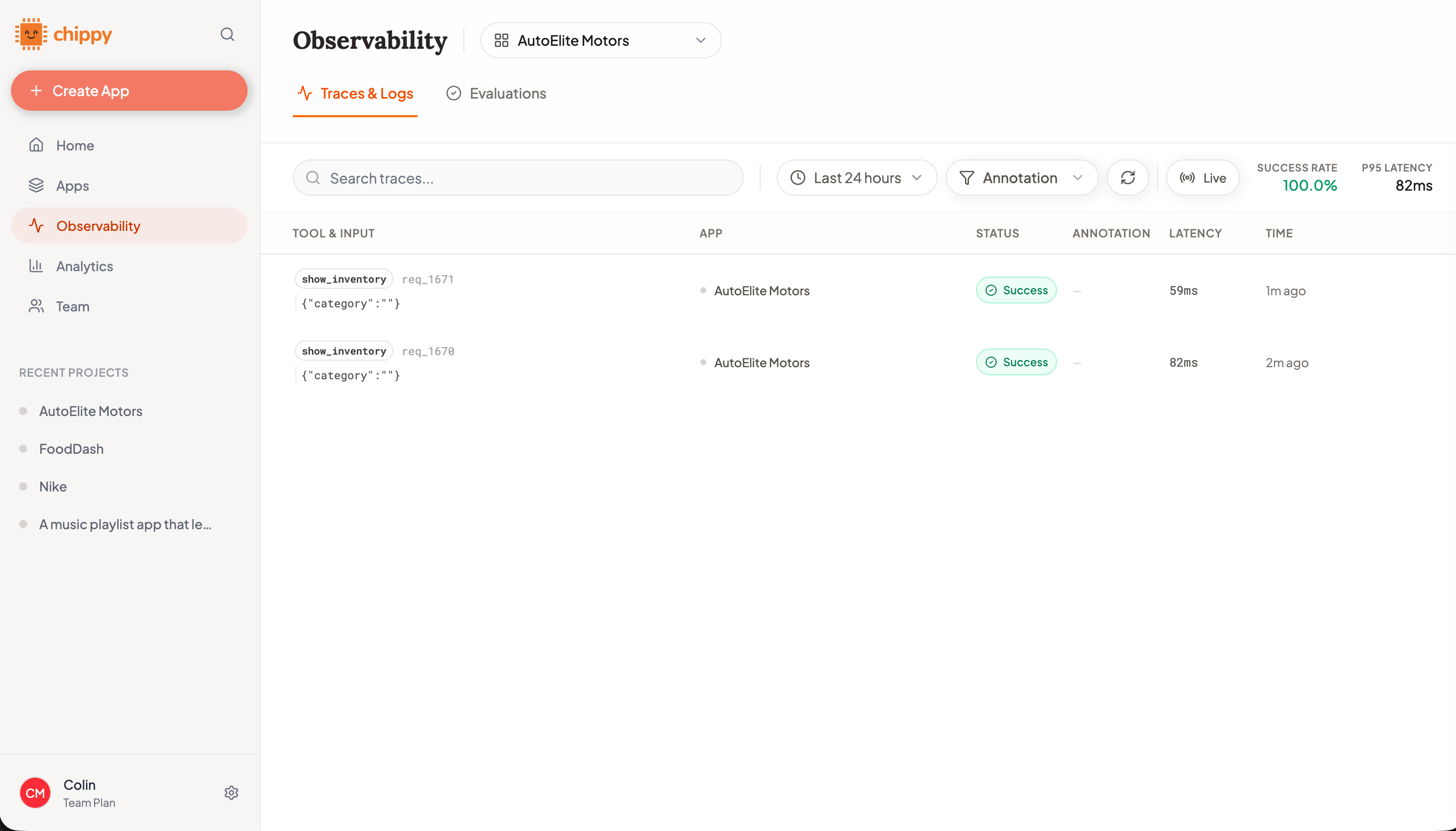 Traces dashboard showing tool invocations