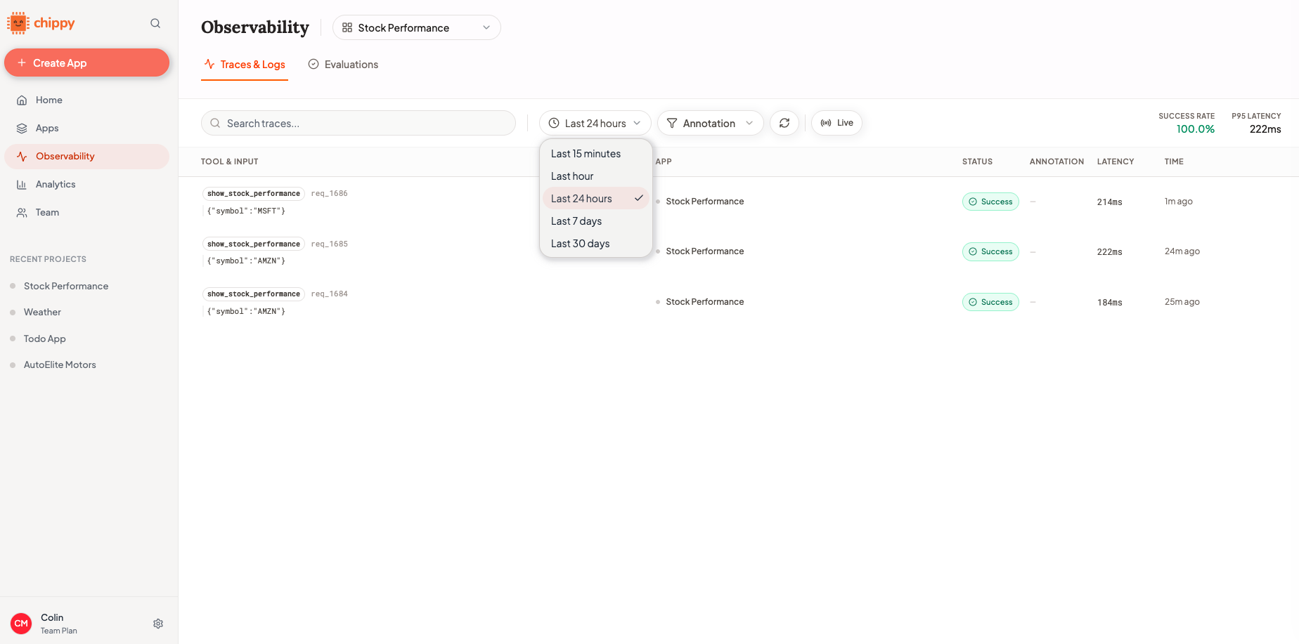 Trace filters for app and time range