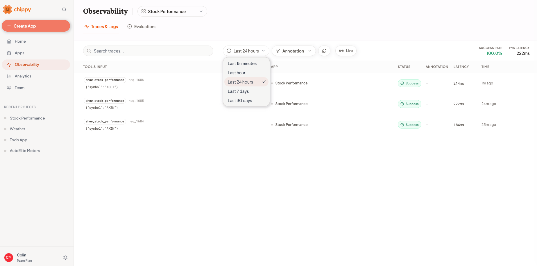 Trace filters for app and time range