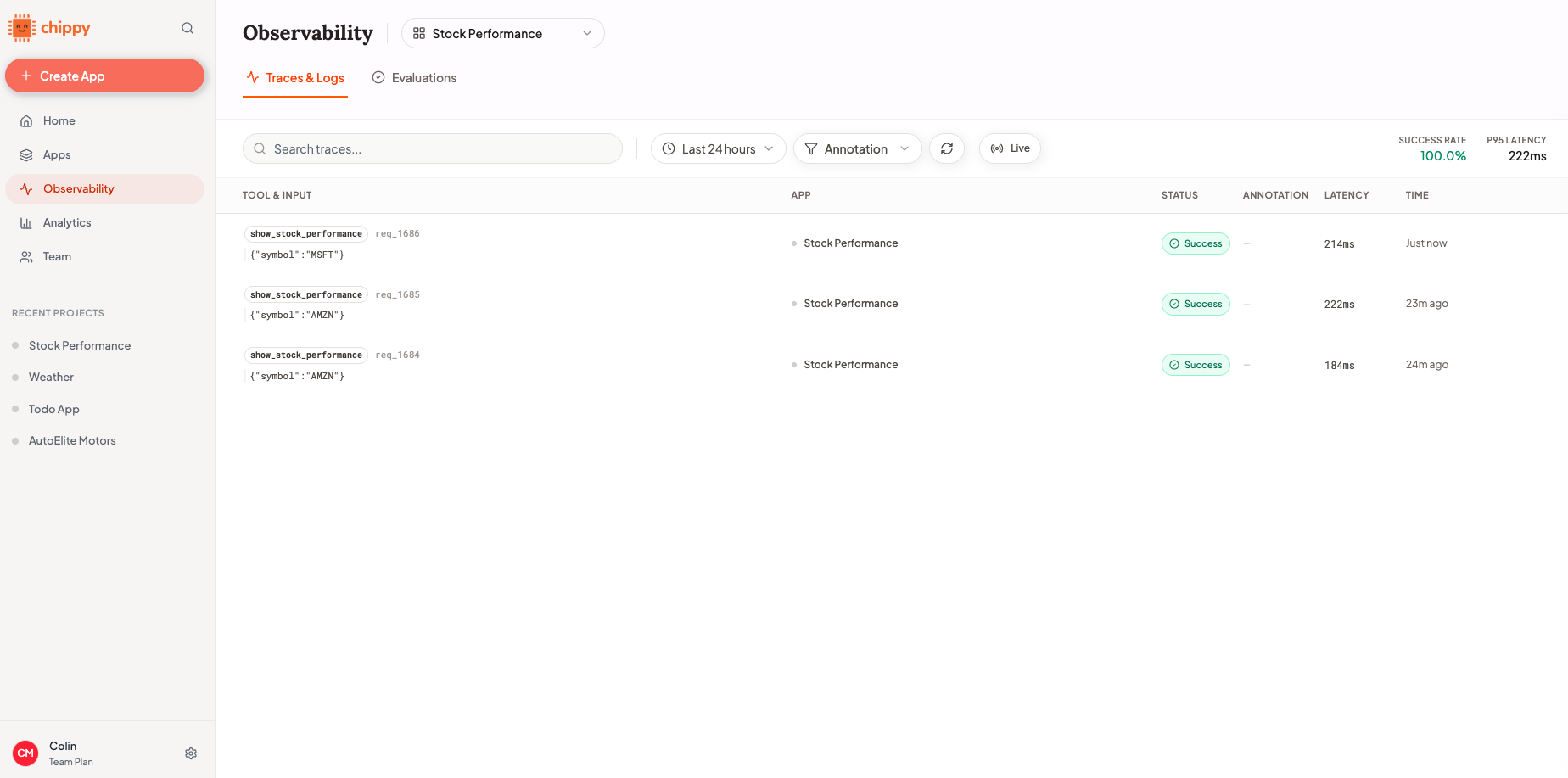 Traces dashboard showing recent tool invocations