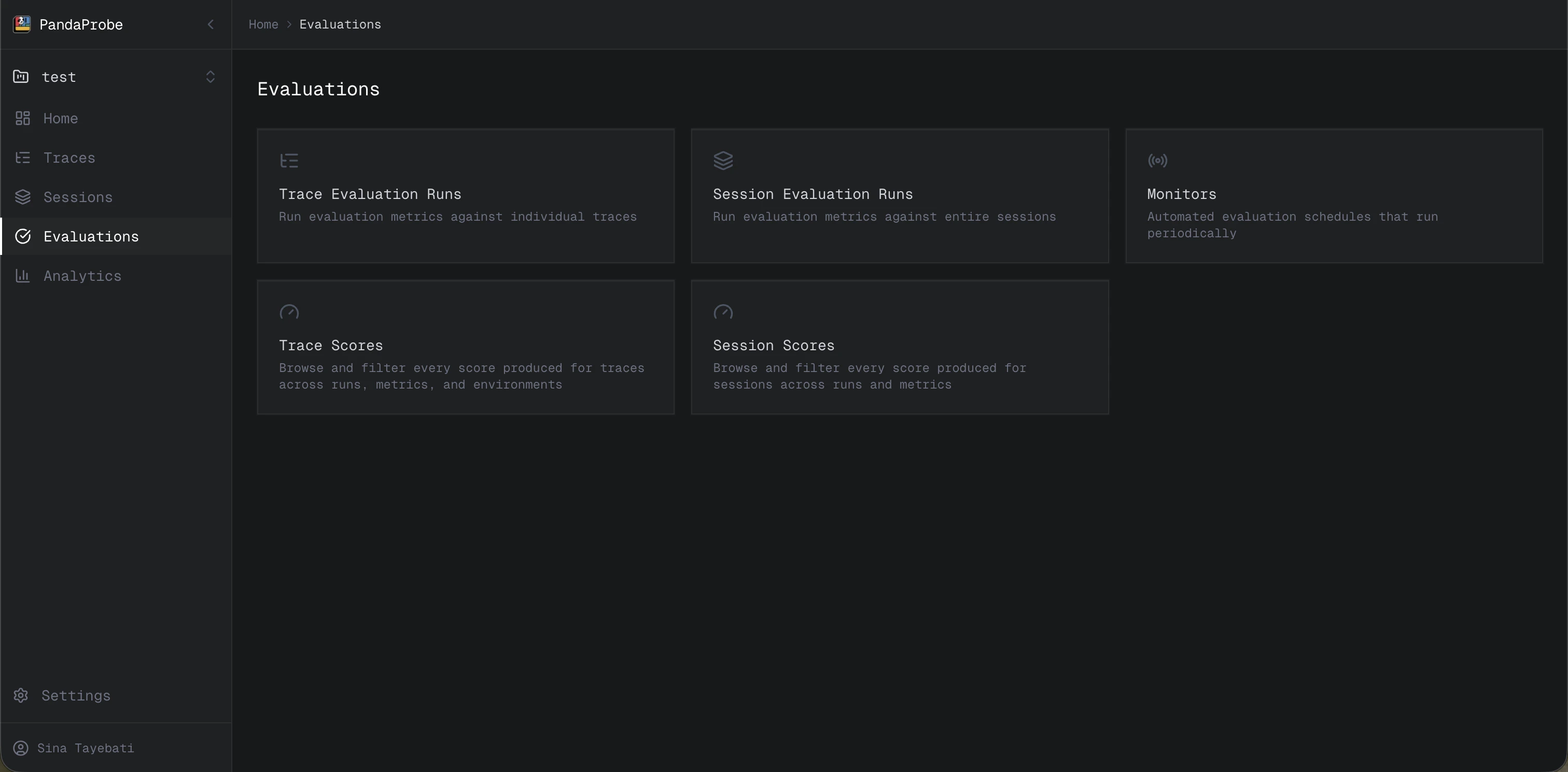 PandaProbe dashboard navigation showing Traces, Sessions, and Evaluations