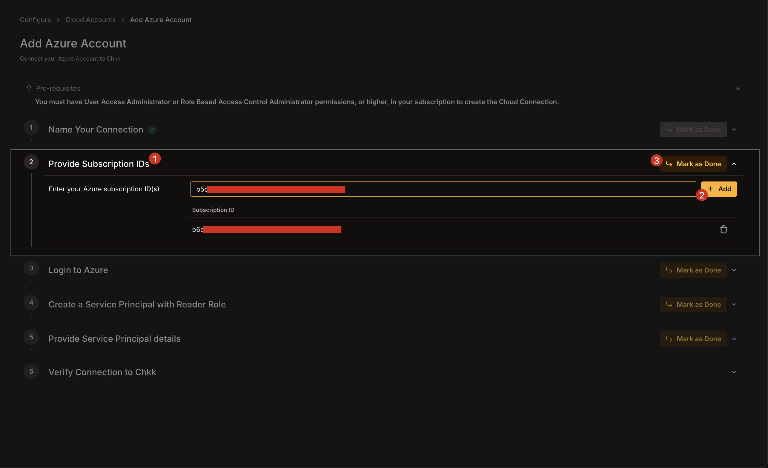 Add Azure Account - Provide Subscription IDs