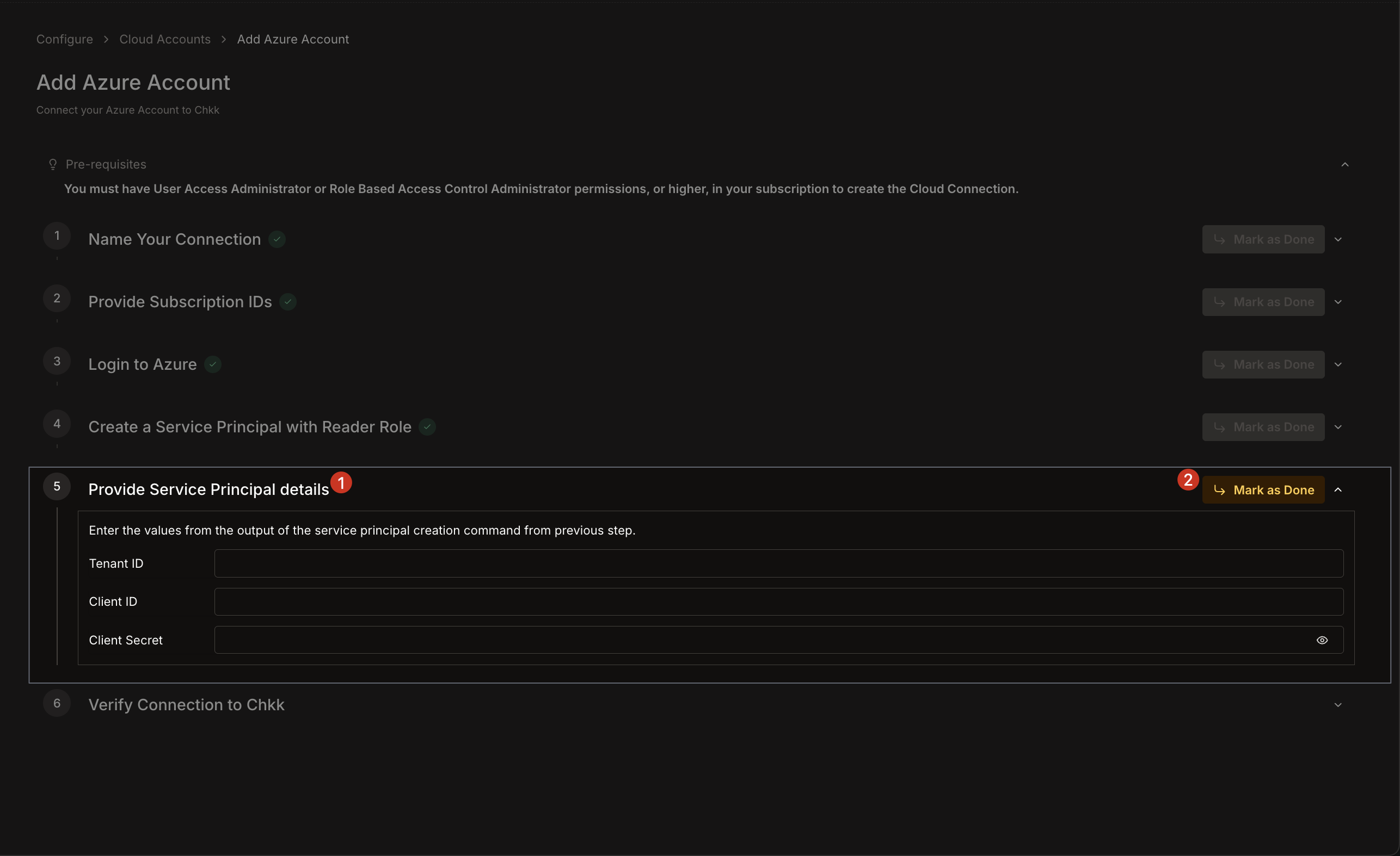 Add Azure Account - Provide Service Principal Details