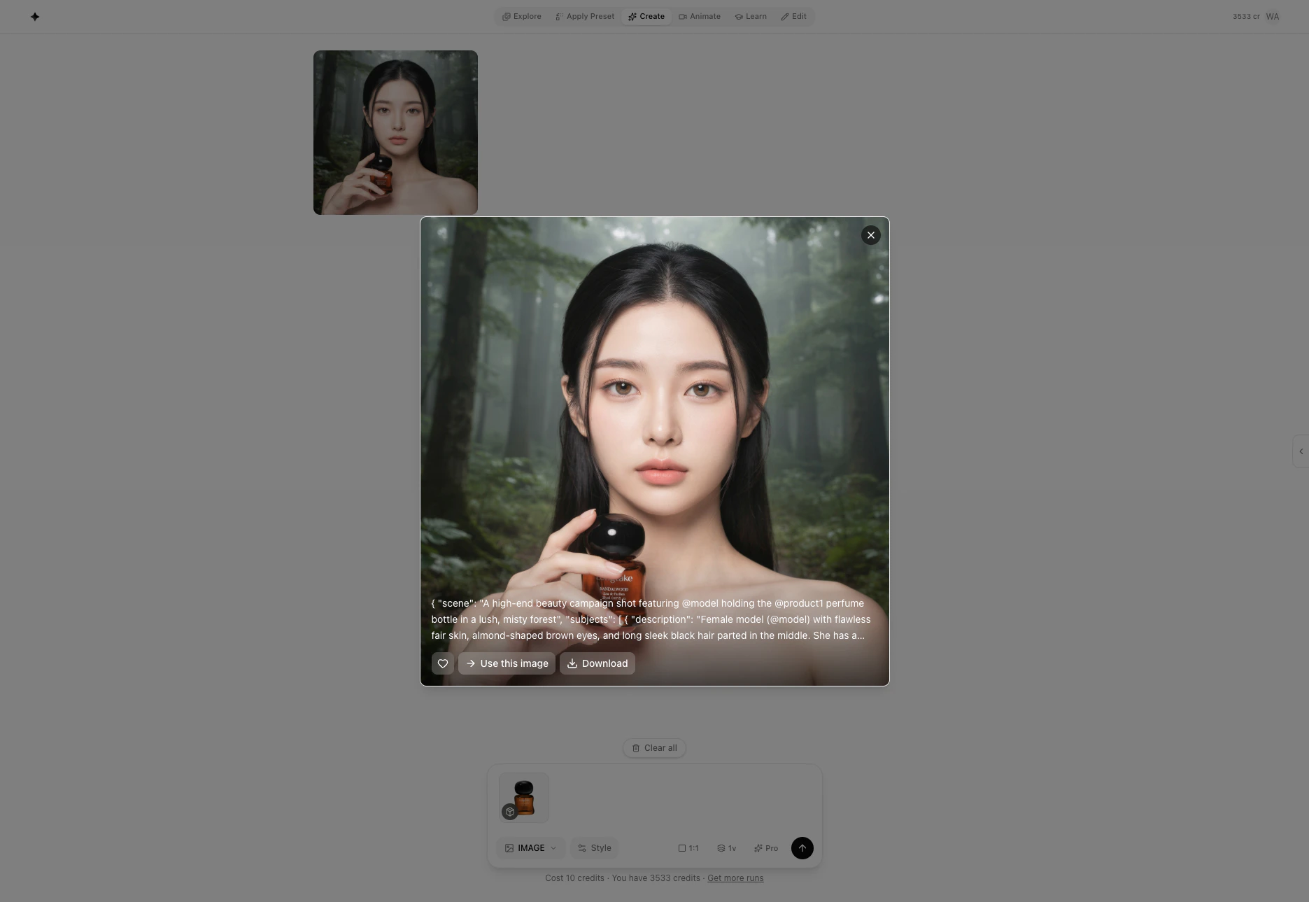 Create page showing a generated result with the image detail view open